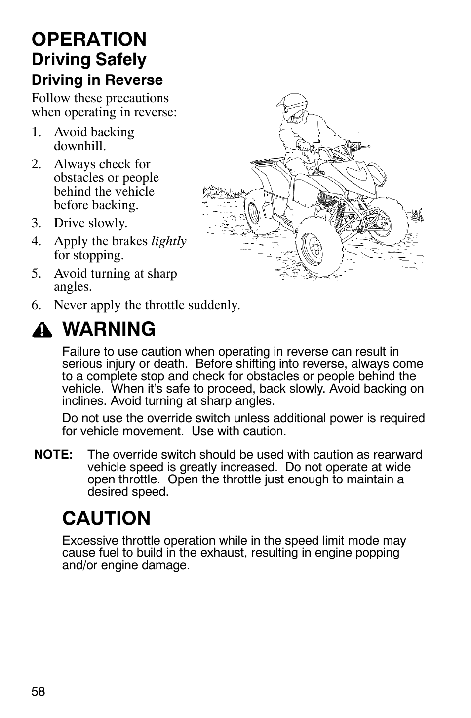 Operation, Warning, Caution | Driving safely | Polaris PHOENIX 200 User Manual | Page 59 / 111