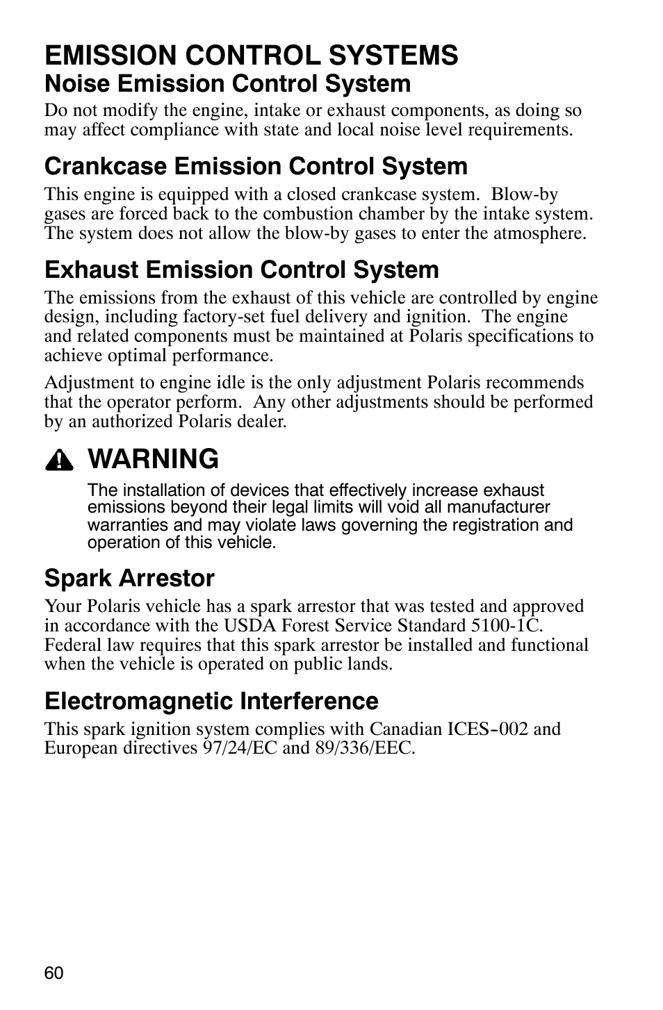 Emission control systems, Warning, Noise emission control system | Crankcase emission control system, Exhaust emission control system, Spark arrestor, Electromagnetic interference | Polaris PHOENIX 200 User Manual | Page 61 / 111