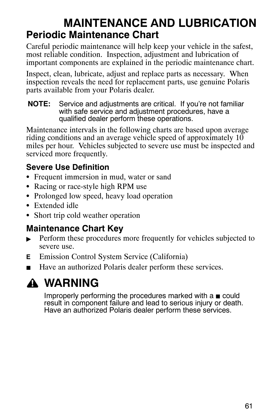 Maintenance and lubrication, Warning, Periodic maintenance chart | Polaris PHOENIX 200 User Manual | Page 62 / 111