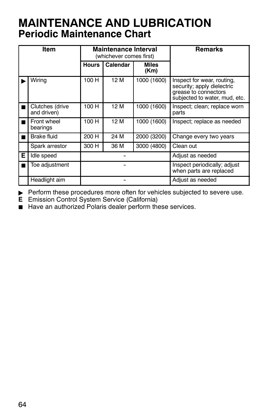 Maintenance and lubrication, Periodic maintenance chart | Polaris PHOENIX 200 User Manual | Page 65 / 111