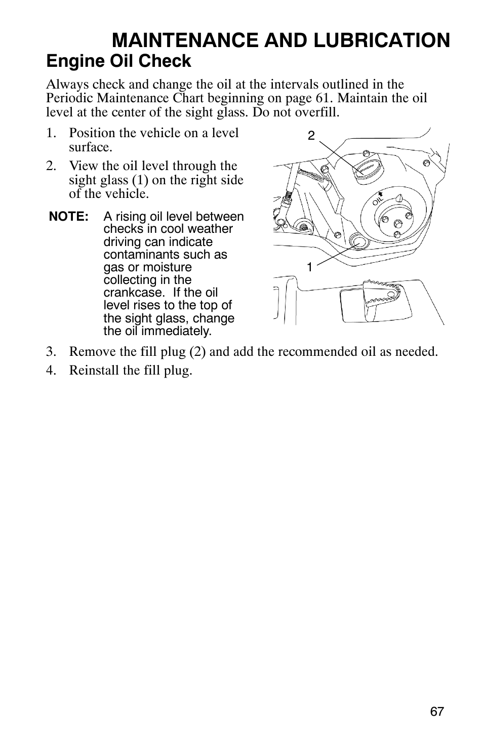 Maintenance and lubrication, Engine oil check | Polaris PHOENIX 200 User Manual | Page 68 / 111
