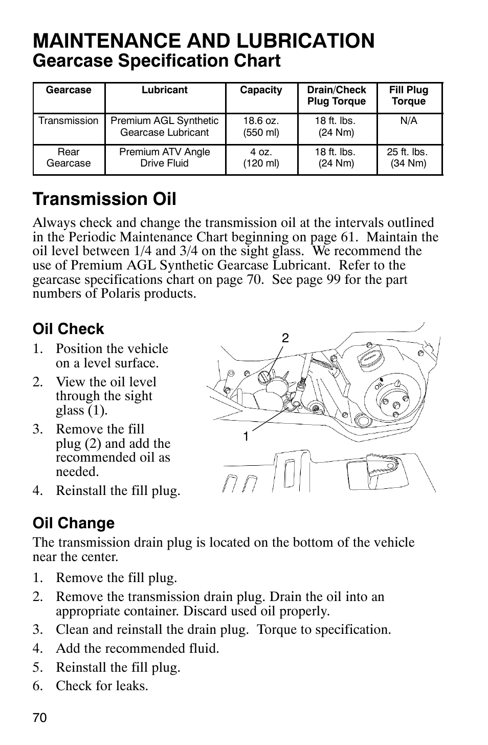 Maintenance and lubrication, Gearcase specification chart, Transmission oil | Oil check, Oil change | Polaris PHOENIX 200 User Manual | Page 71 / 111