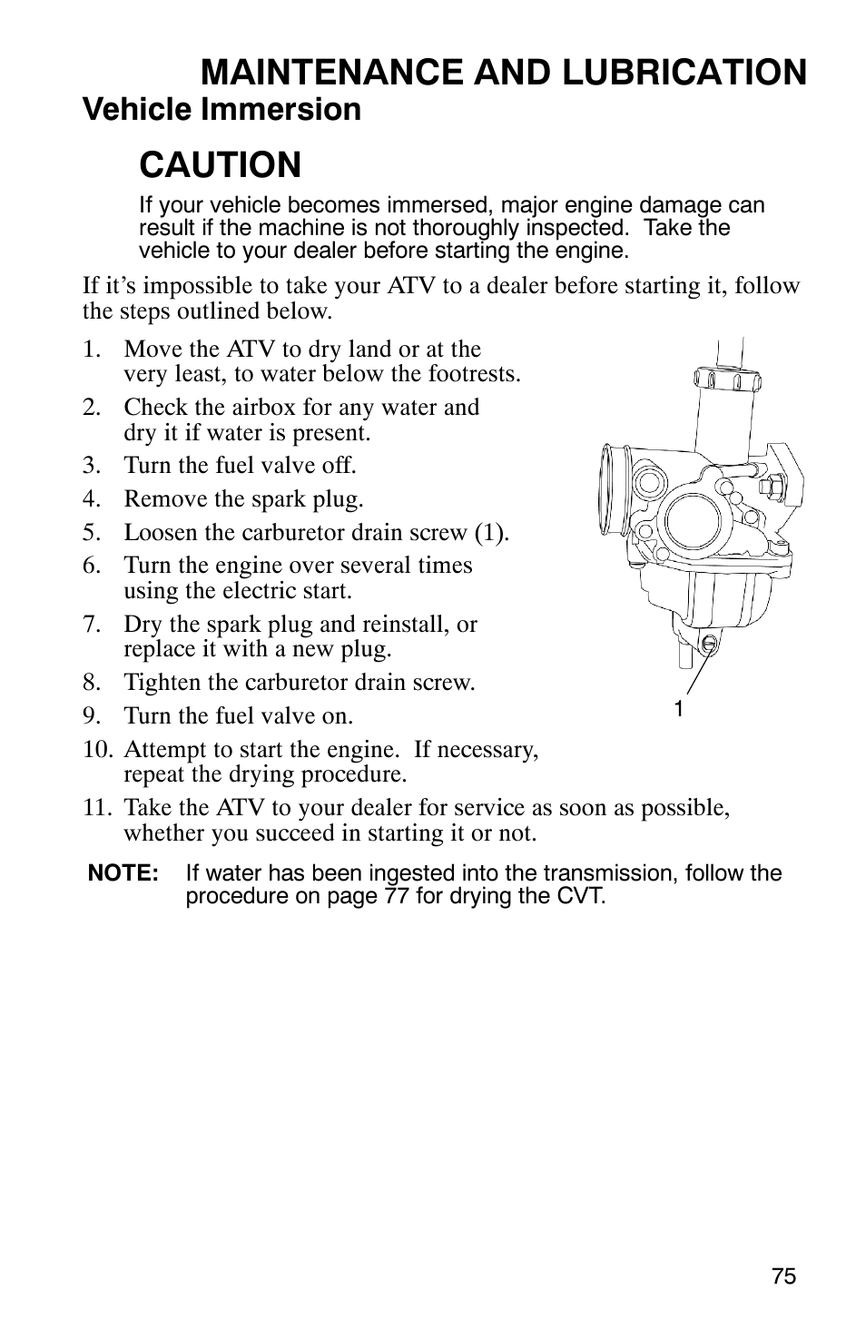 Maintenance and lubrication, Caution, Vehicle immersion | Polaris PHOENIX 200 User Manual | Page 76 / 111