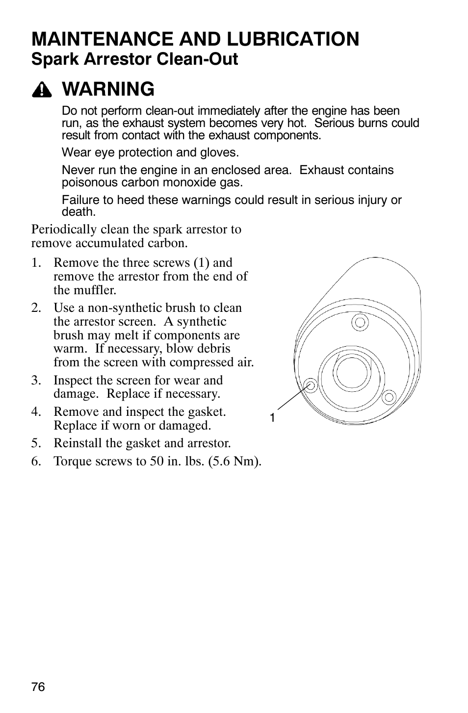 Maintenance and lubrication, Warning, Spark arrestor clean-out | Polaris PHOENIX 200 User Manual | Page 77 / 111