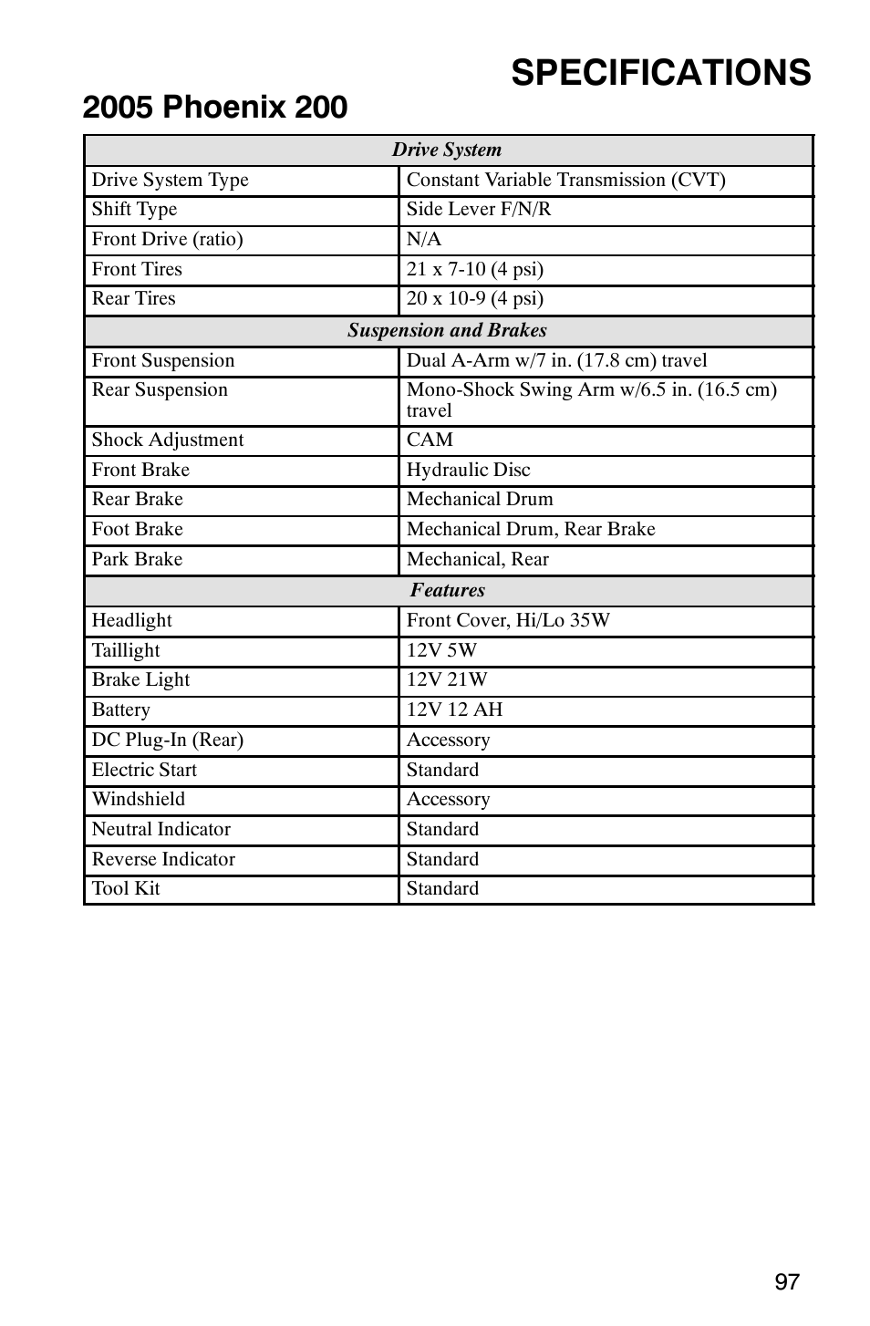 Specifications | Polaris PHOENIX 200 User Manual | Page 98 / 111