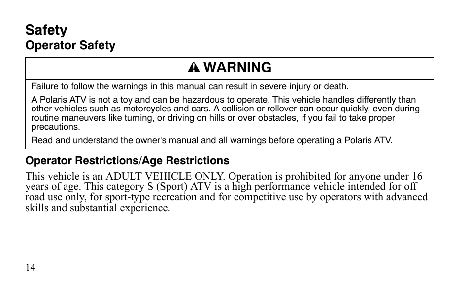 Safety, Warning | Polaris Outlaw 525 IRS User Manual | Page 17 / 220