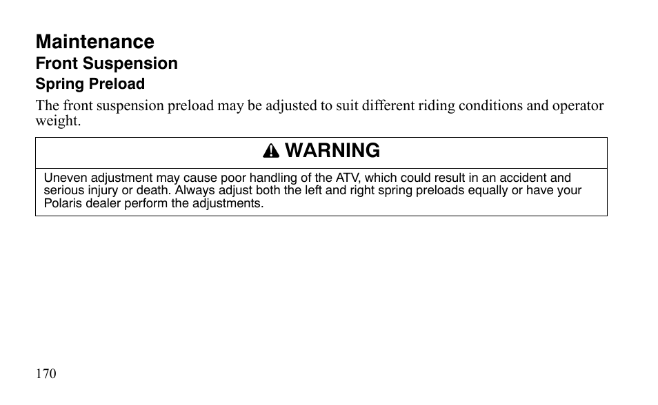 Maintenance, Warning | Polaris Outlaw 525 IRS User Manual | Page 173 / 220