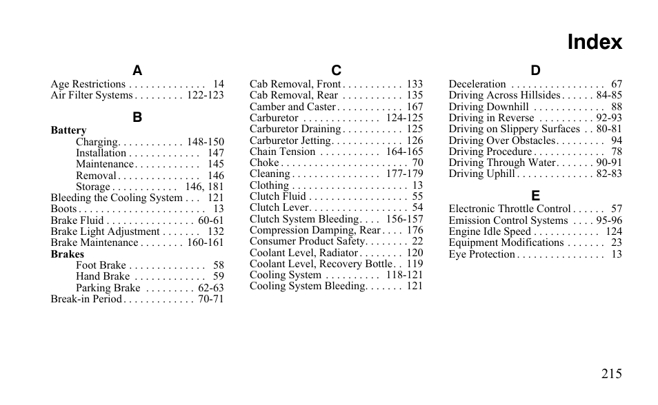 Index | Polaris Outlaw 525 IRS User Manual | Page 218 / 220