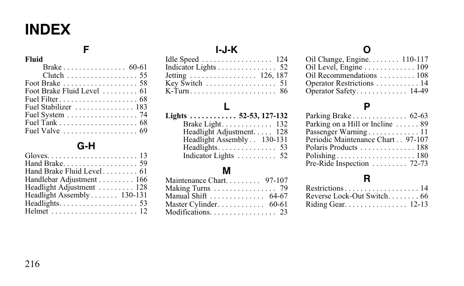 Index | Polaris Outlaw 525 IRS User Manual | Page 219 / 220