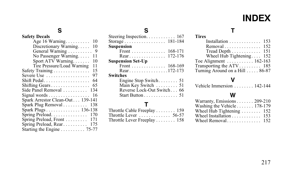 Index | Polaris Outlaw 525 IRS User Manual | Page 220 / 220