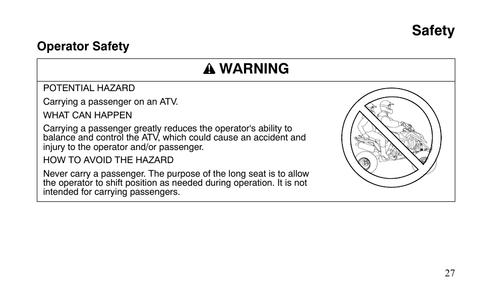 Safety, Warning | Polaris Outlaw 525 IRS User Manual | Page 30 / 220