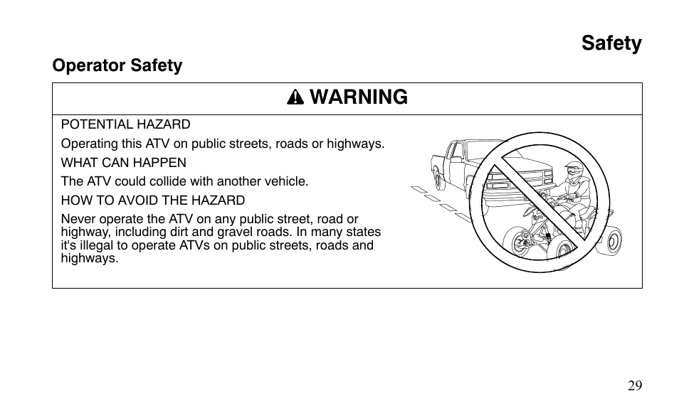 Safety, Warning | Polaris Outlaw 525 IRS User Manual | Page 32 / 220
