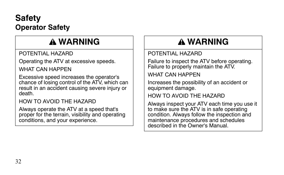 Safety, Warning | Polaris Outlaw 525 IRS User Manual | Page 35 / 220