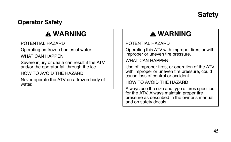 Safety, Warning | Polaris Outlaw 525 IRS User Manual | Page 48 / 220