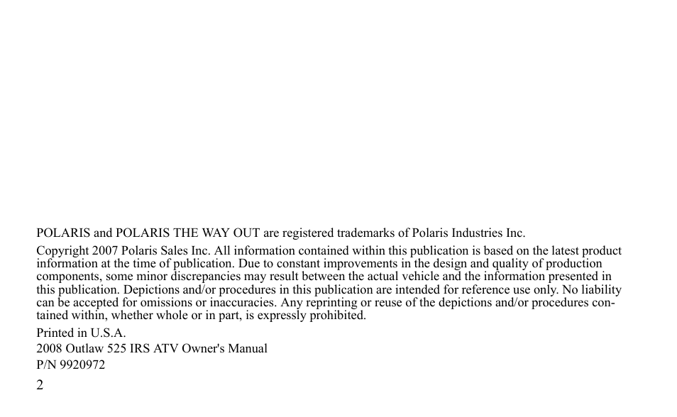 Polaris Outlaw 525 IRS User Manual | Page 5 / 220