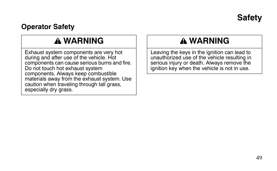 Safety, Warning | Polaris Outlaw 525 IRS User Manual | Page 52 / 220