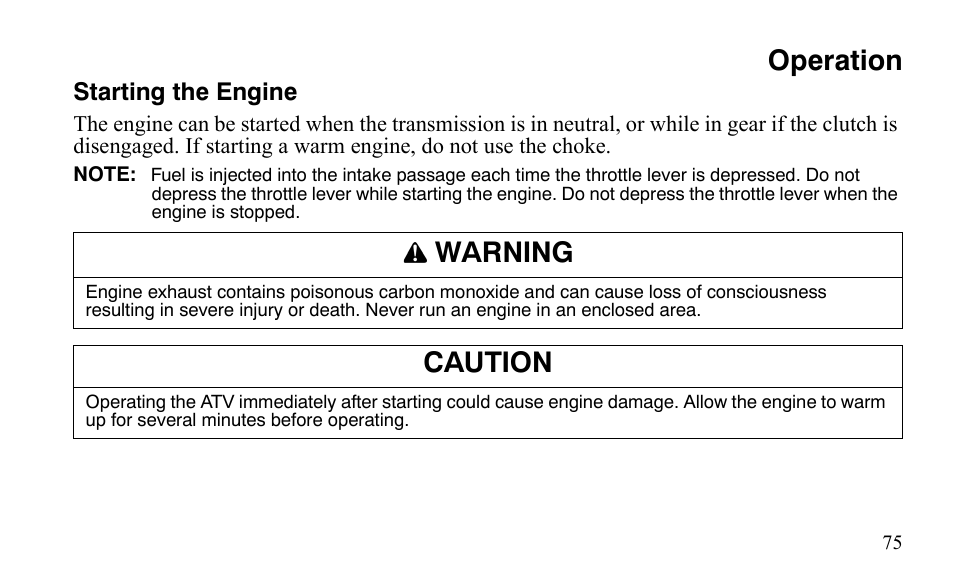 Operation, Warning, Caution | Polaris Outlaw 525 IRS User Manual | Page 78 / 220