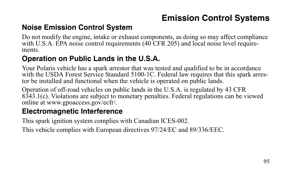 Emission control systems | Polaris Outlaw 525 IRS User Manual | Page 98 / 220