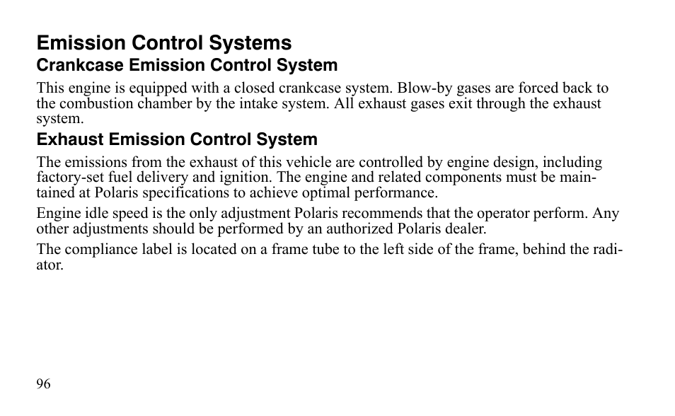 Emission control systems | Polaris Outlaw 525 IRS User Manual | Page 99 / 220