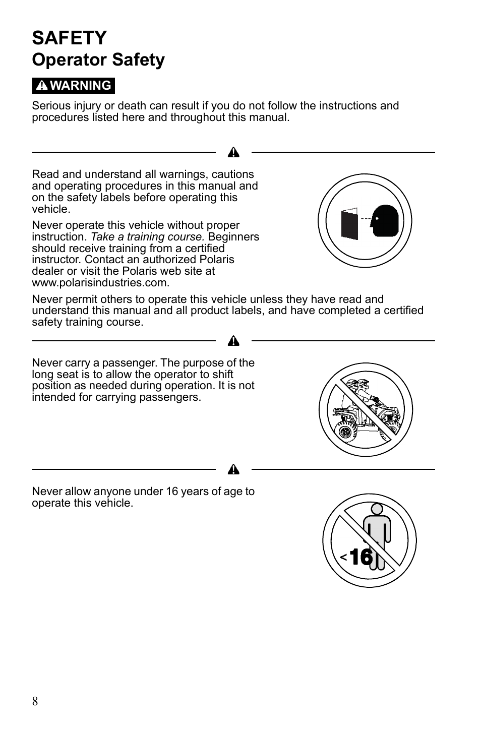 Safety, Operator safety | Polaris Hawkeye 922362 User Manual | Page 11 / 126