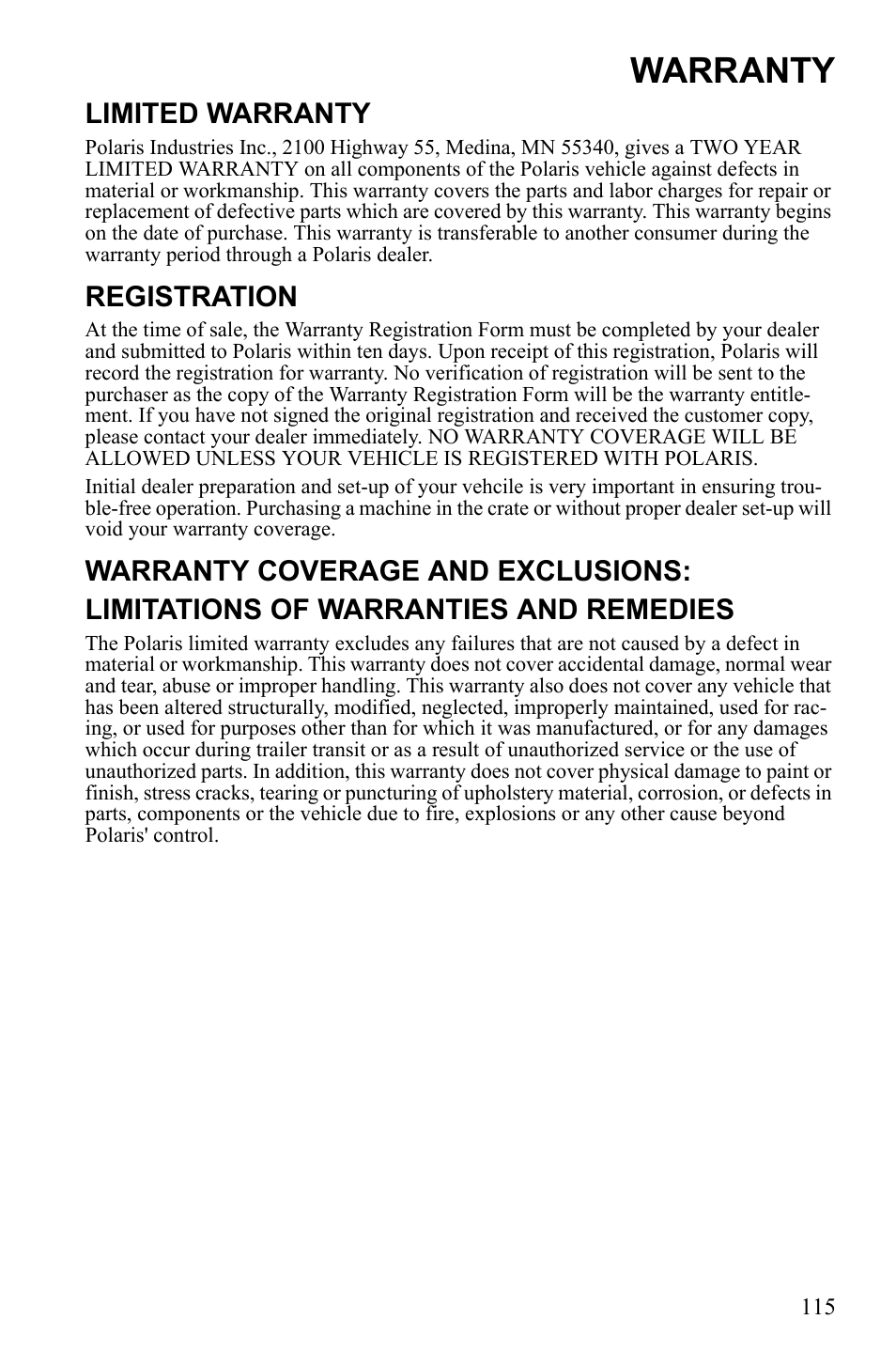 Warranty, Limited warranty, Registration | Polaris Hawkeye 922362 User Manual | Page 118 / 126