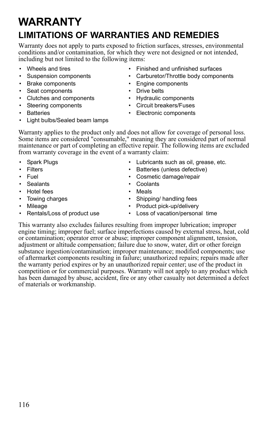 Warranty, Limitations of warranties and remedies | Polaris Hawkeye 922362 User Manual | Page 119 / 126