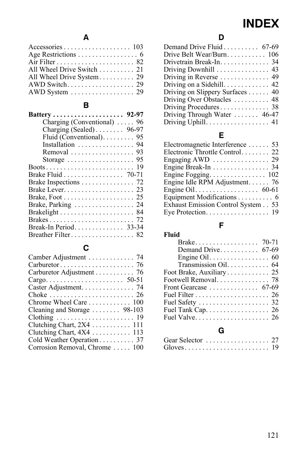 Index | Polaris Hawkeye 922362 User Manual | Page 124 / 126