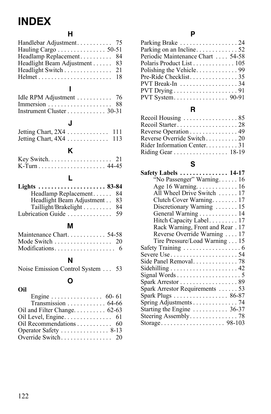 Index | Polaris Hawkeye 922362 User Manual | Page 125 / 126
