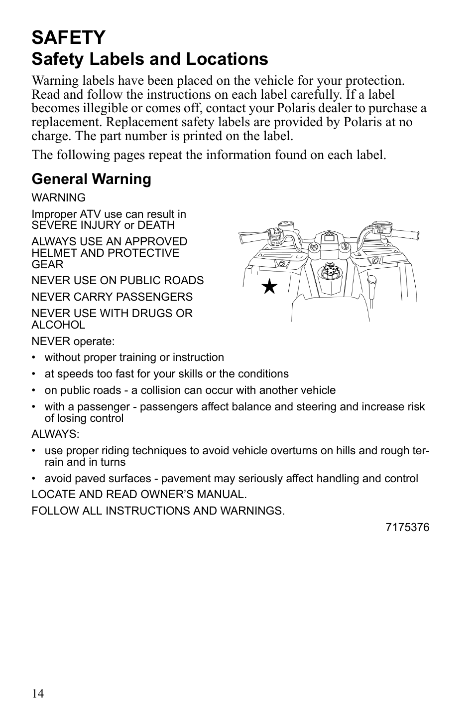 Safety, Safety labels and locations, General warning | Polaris Hawkeye 922362 User Manual | Page 17 / 126