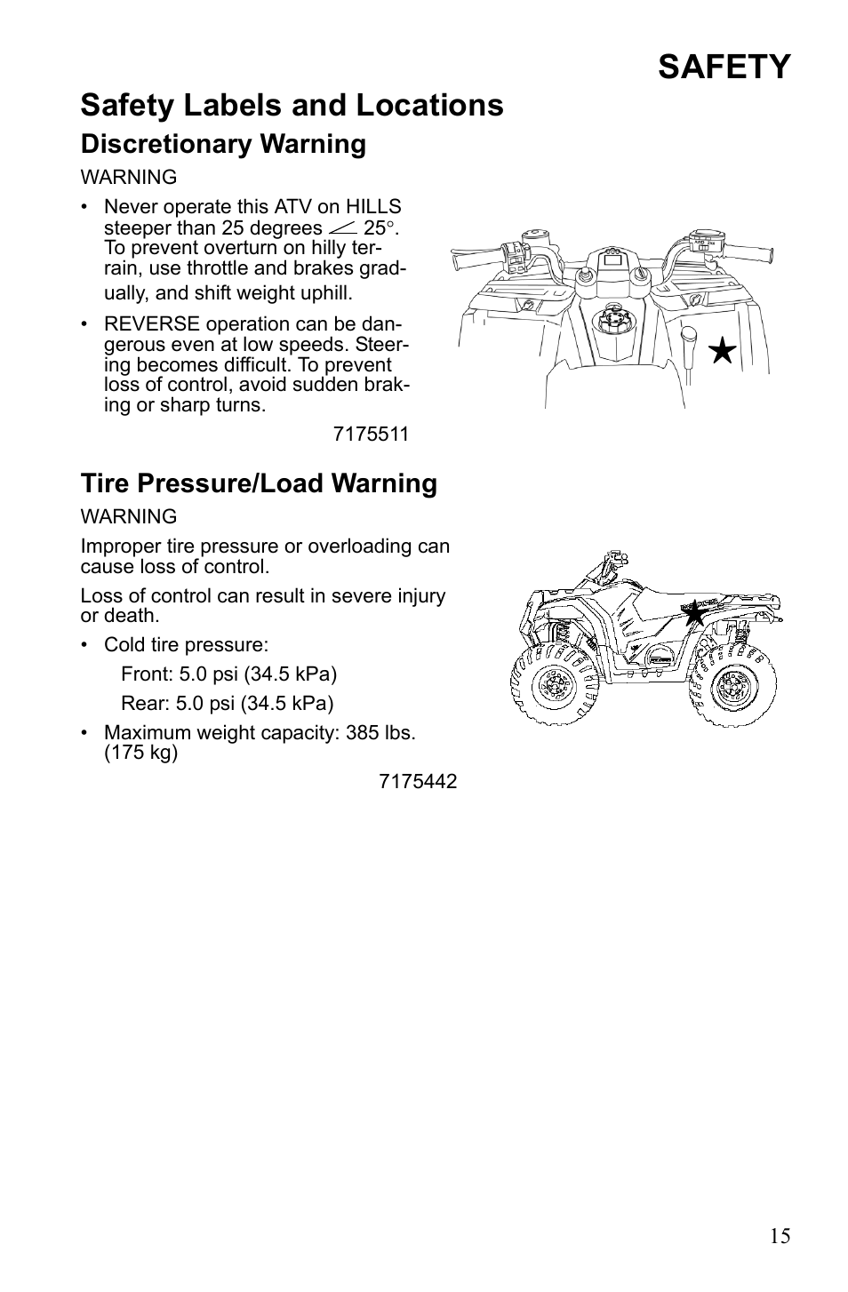 Safety, Safety labels and locations, Discretionary warning | Tire pressure/load warning | Polaris Hawkeye 922362 User Manual | Page 18 / 126