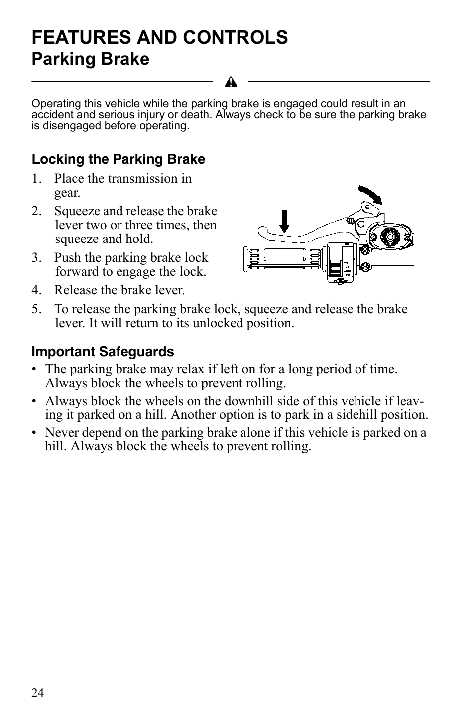 Features and controls, Parking brake | Polaris Hawkeye 922362 User Manual | Page 27 / 126