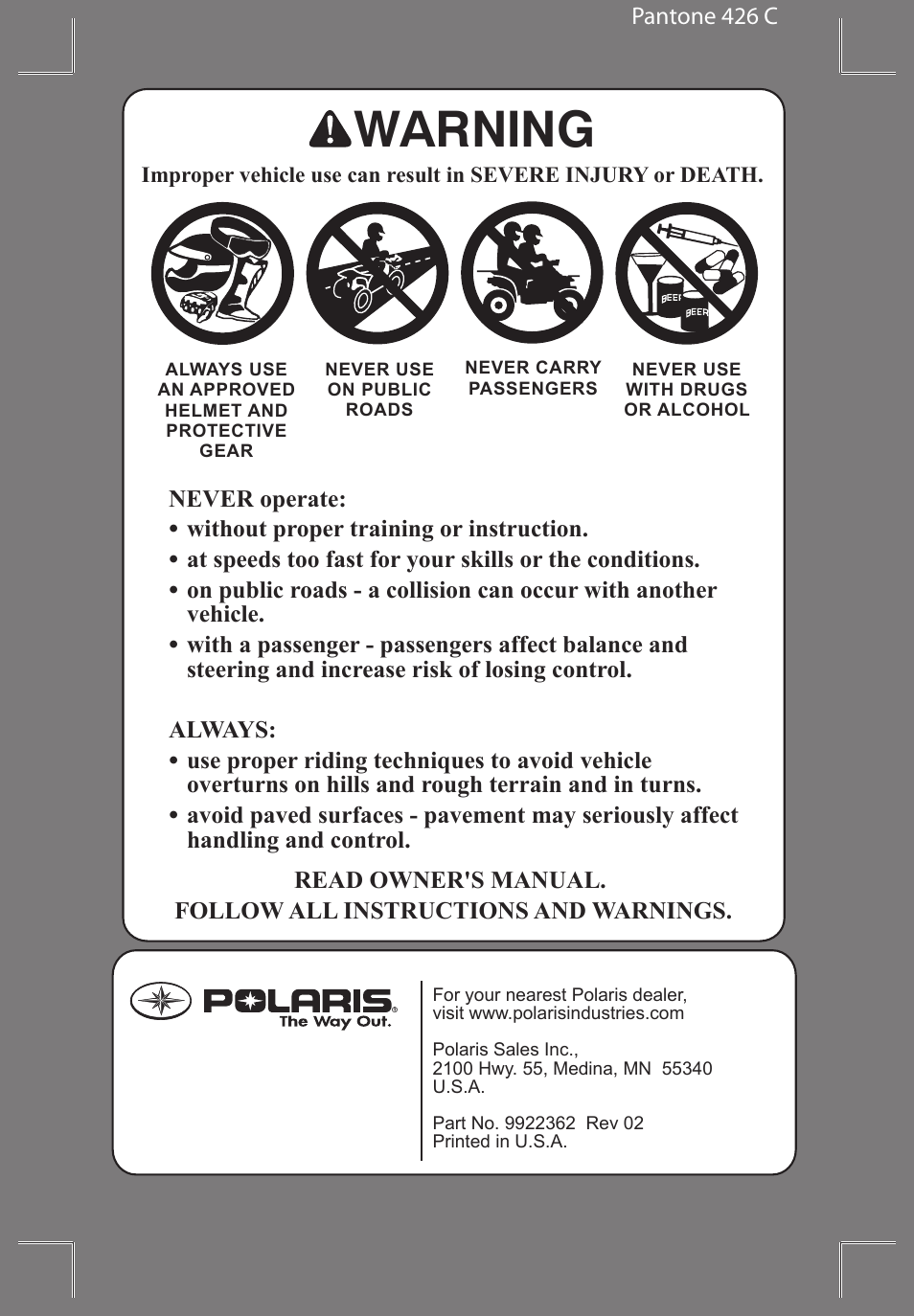 Warning, Pantone 426 c | Polaris Hawkeye 922362 User Manual | Page 3 / 126