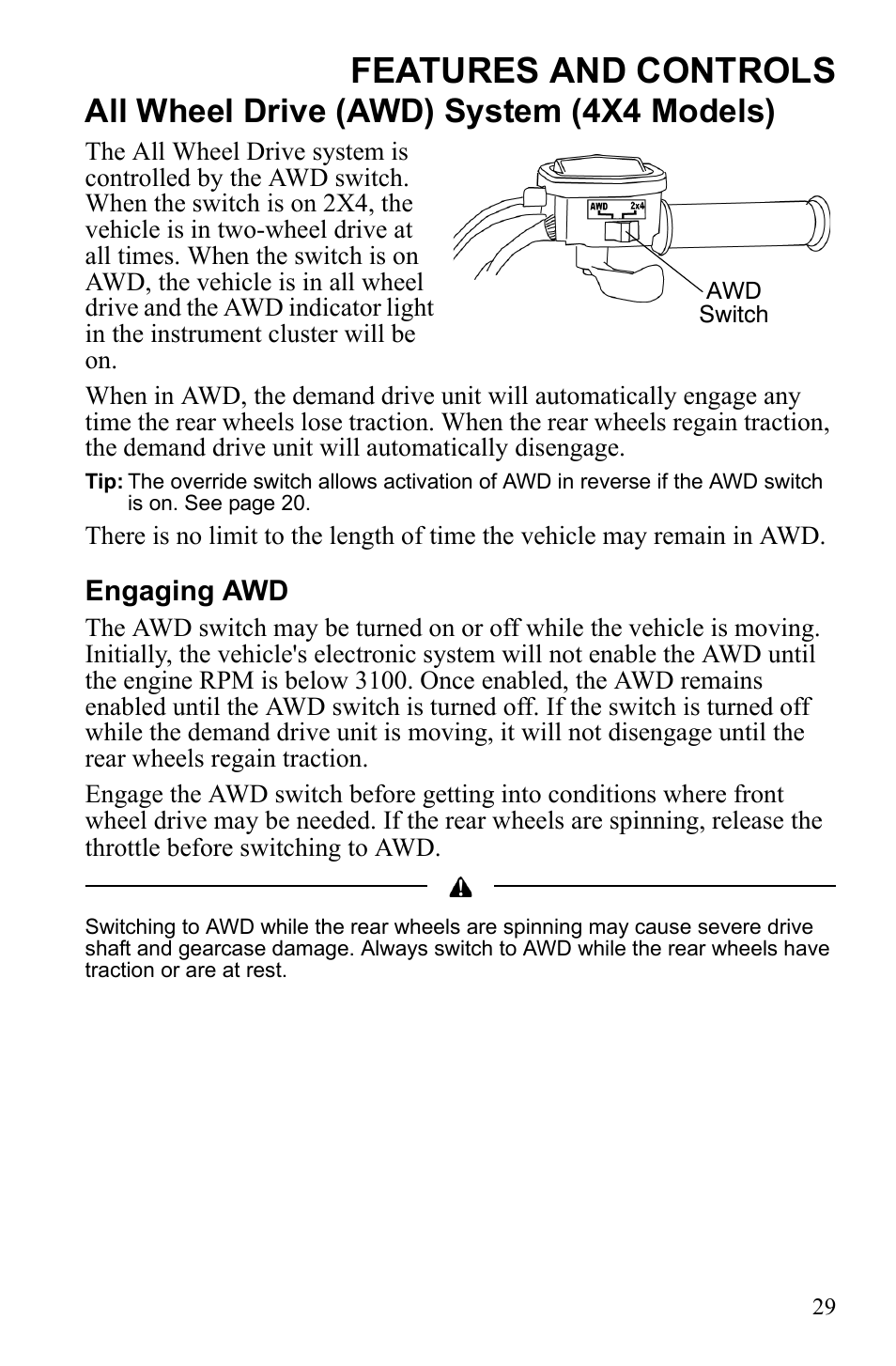 Features and controls, All wheel drive (awd) system (4x4 models) | Polaris Hawkeye 922362 User Manual | Page 32 / 126