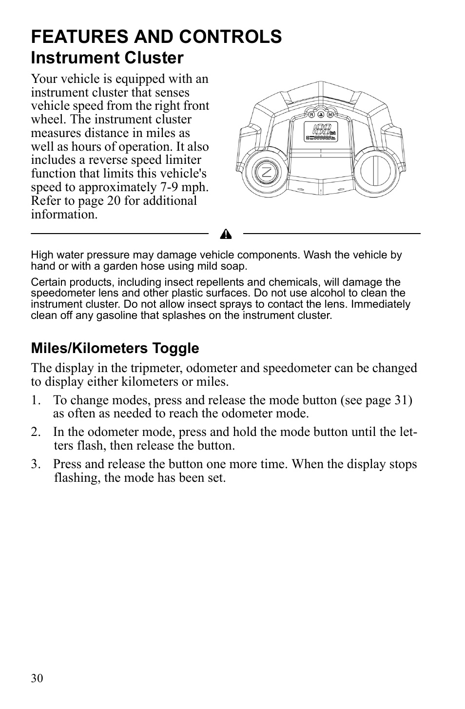 Features and controls, Instrument cluster | Polaris Hawkeye 922362 User Manual | Page 33 / 126