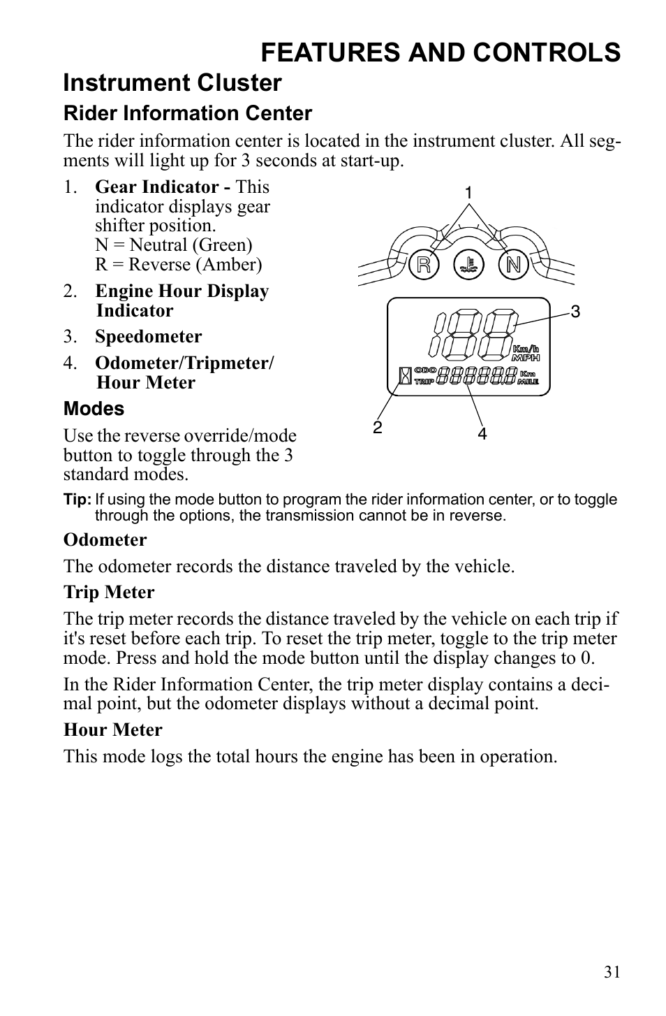 Features and controls, Instrument cluster | Polaris Hawkeye 922362 User Manual | Page 34 / 126