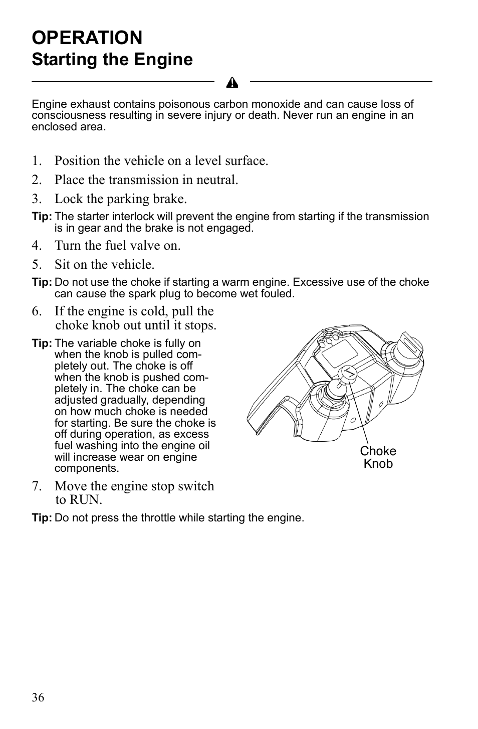Operation, Starting the engine | Polaris Hawkeye 922362 User Manual | Page 39 / 126