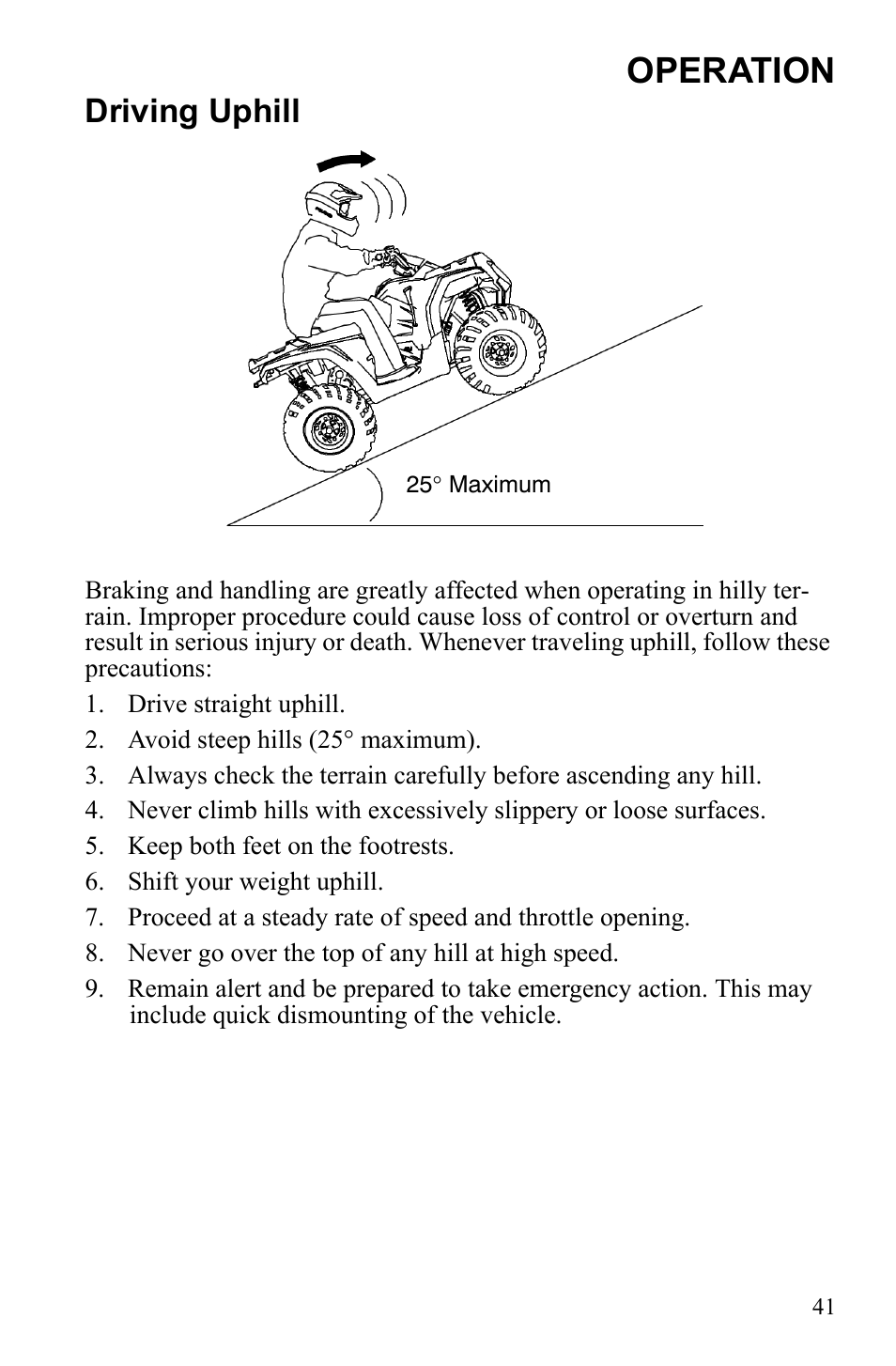 Operation, Driving uphill | Polaris Hawkeye 922362 User Manual | Page 44 / 126