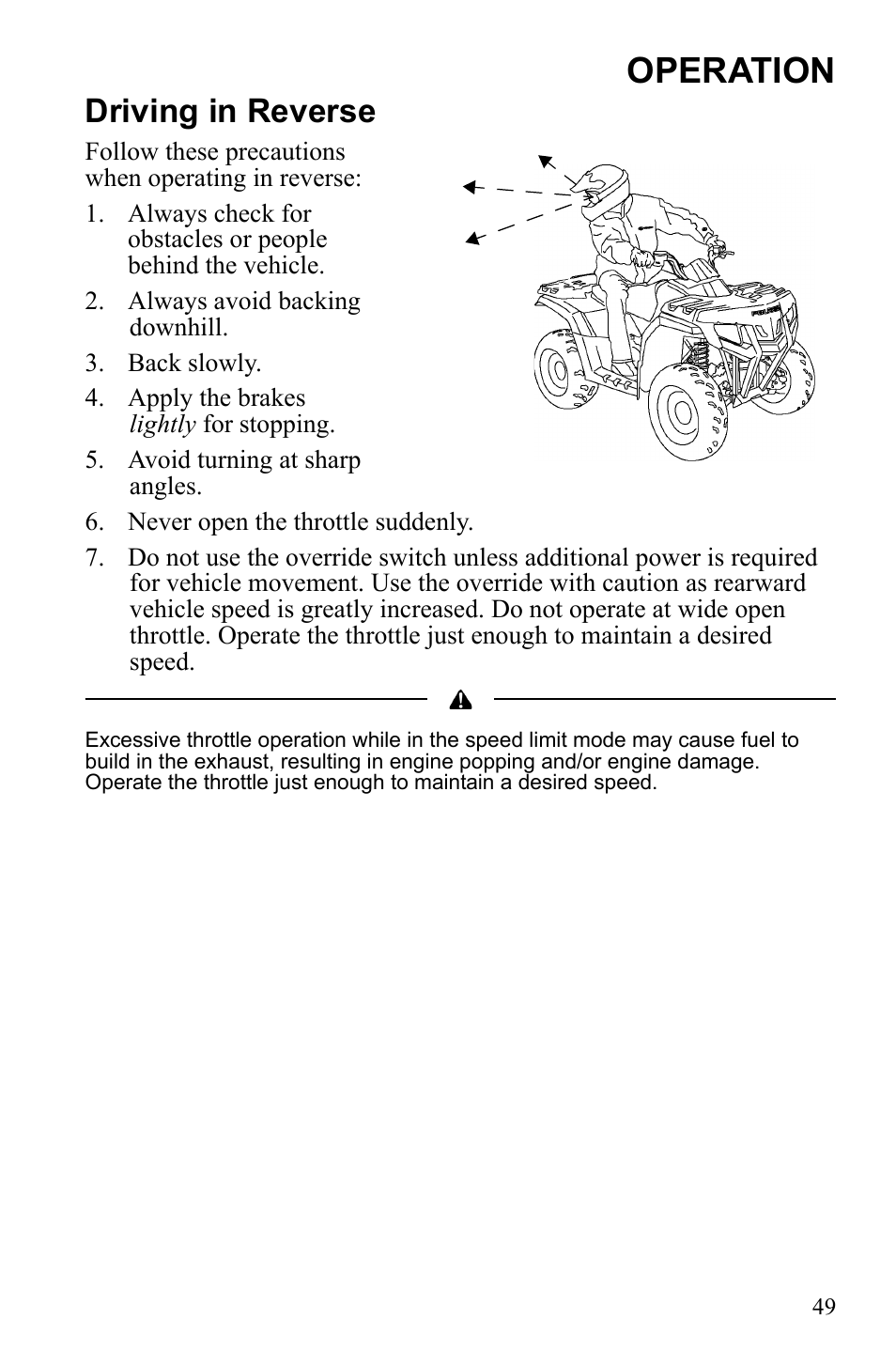 Operation, Driving in reverse | Polaris Hawkeye 922362 User Manual | Page 52 / 126