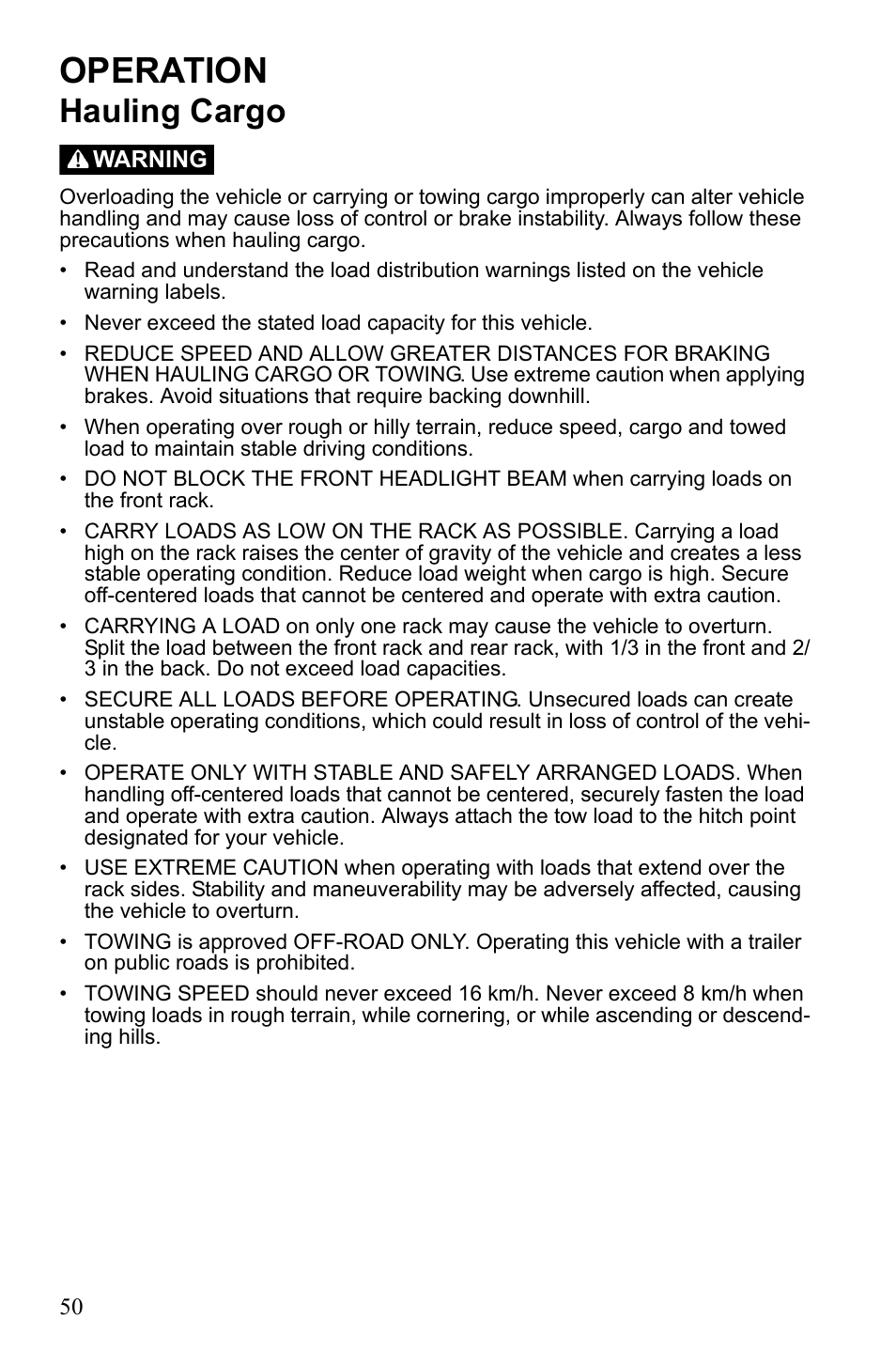 Operation, Hauling cargo | Polaris Hawkeye 922362 User Manual | Page 53 / 126