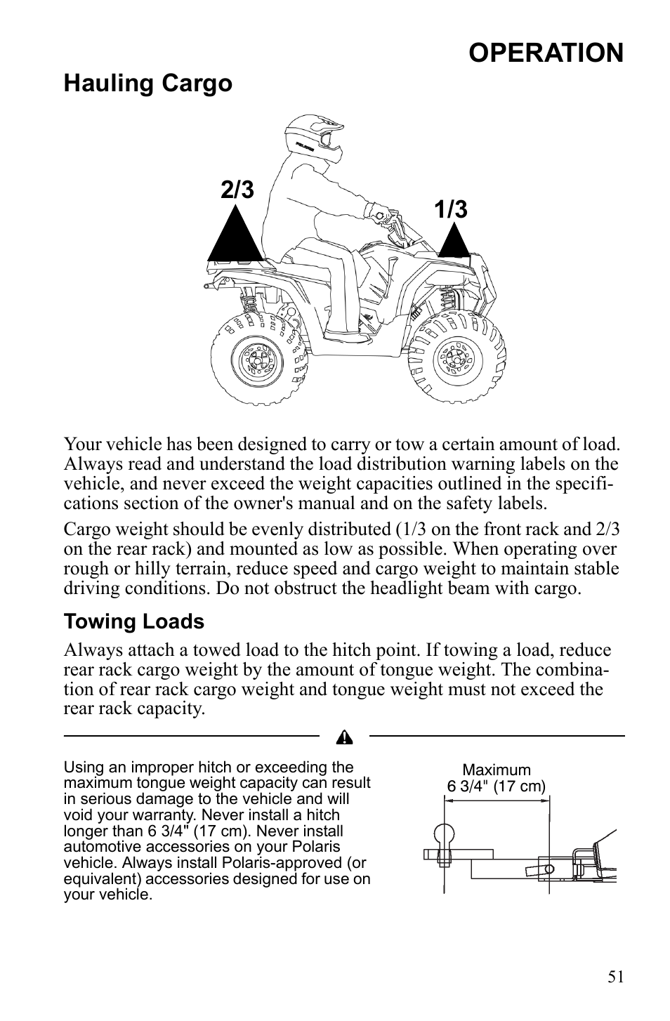 Operation, Hauling cargo, Towing loads | Polaris Hawkeye 922362 User Manual | Page 54 / 126