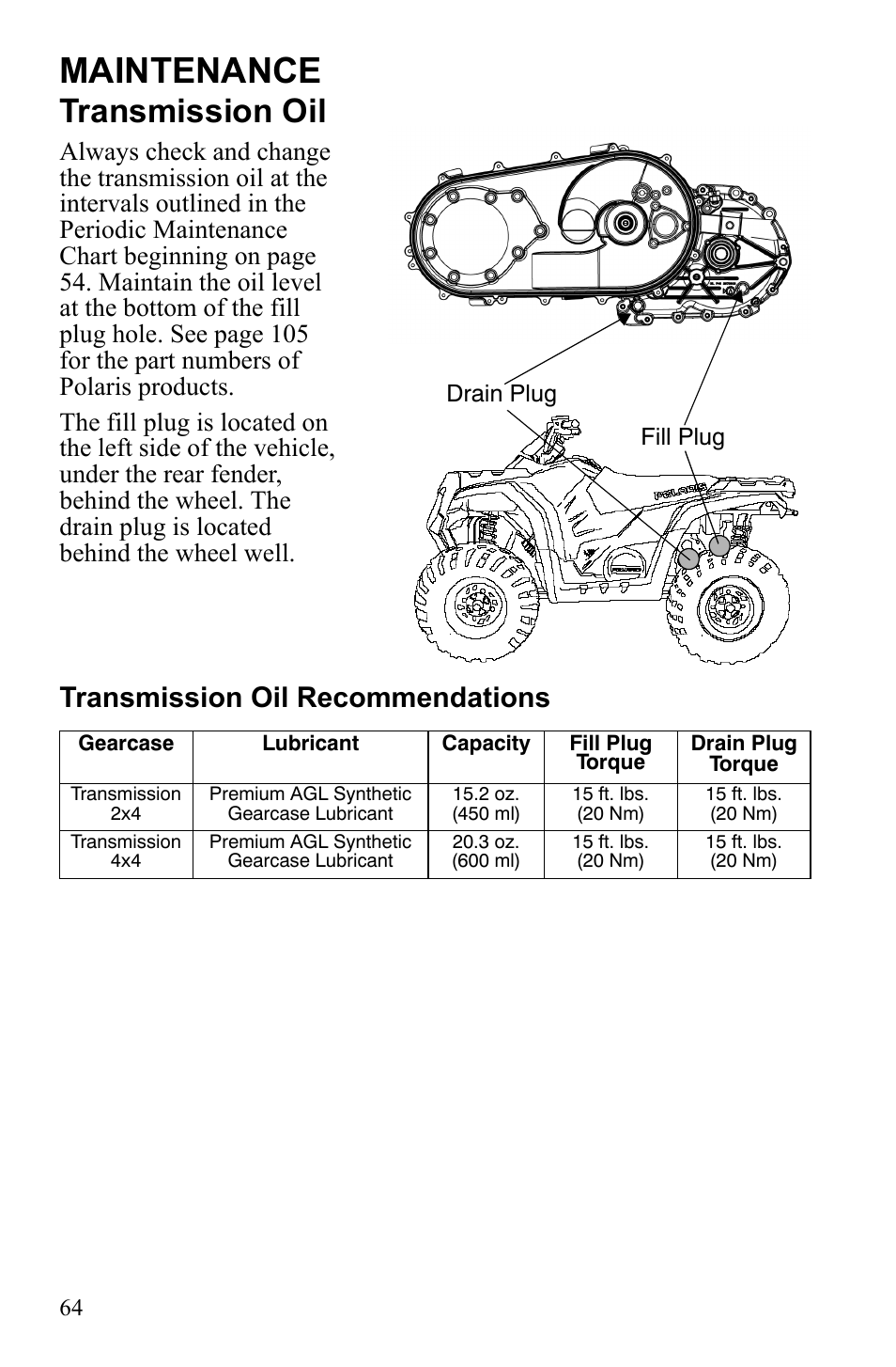 Maintenance, Transmission oil, Transmission oil recommendations | Polaris Hawkeye 922362 User Manual | Page 67 / 126