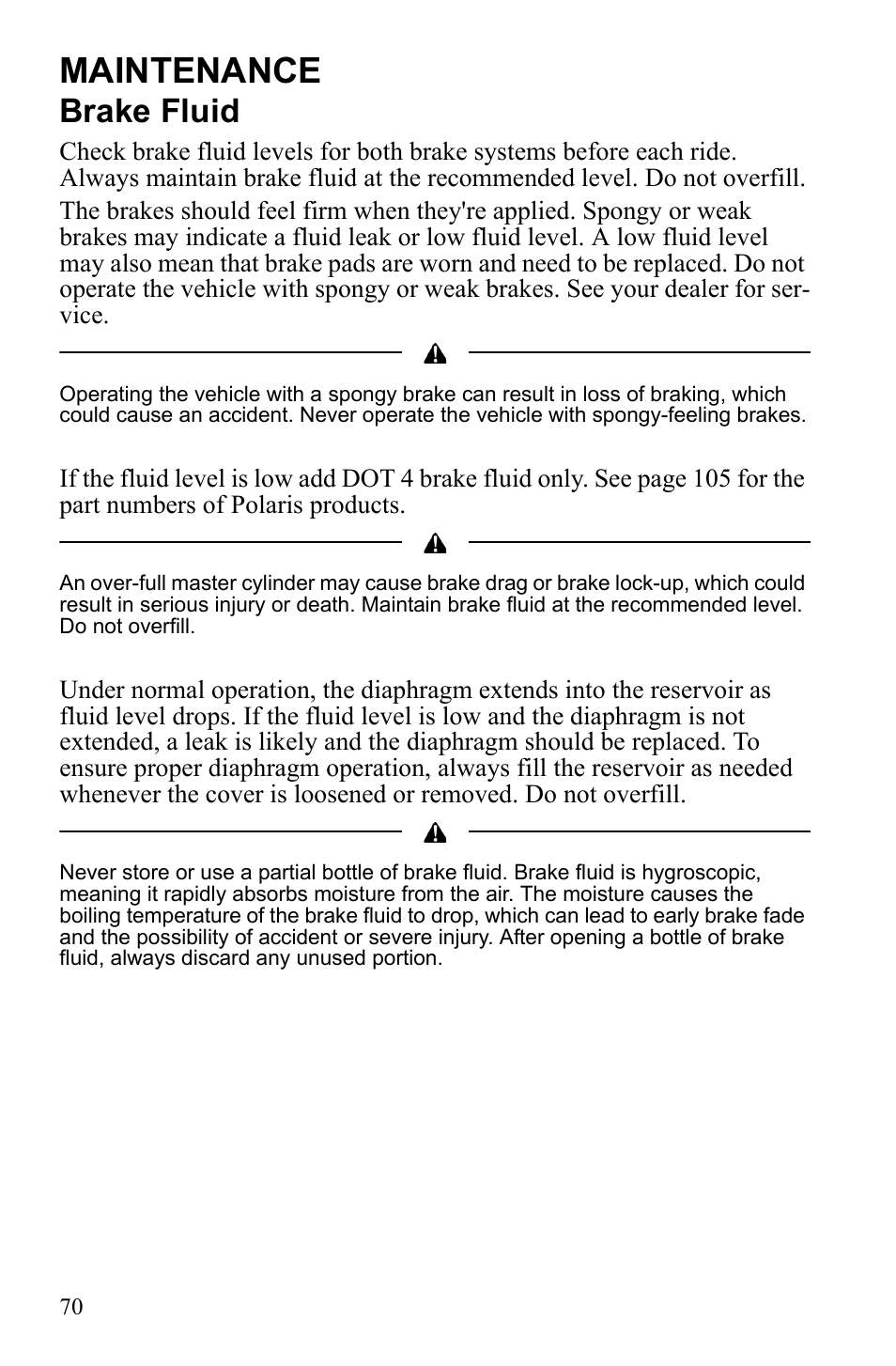 Maintenance, Brake fluid | Polaris Hawkeye 922362 User Manual | Page 73 / 126