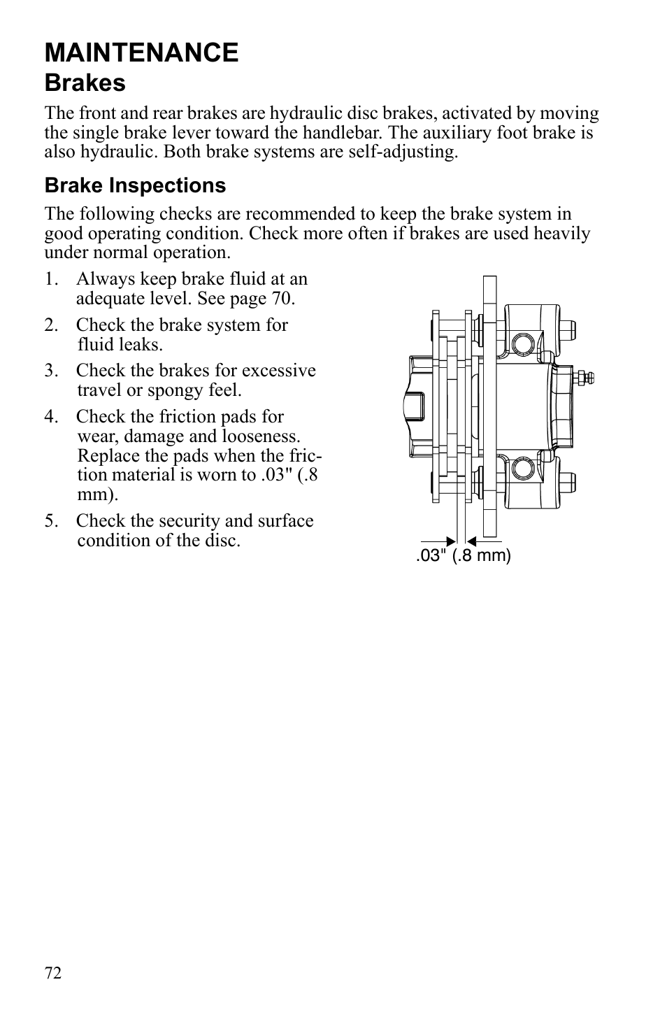 Maintenance, Brakes | Polaris Hawkeye 922362 User Manual | Page 75 / 126