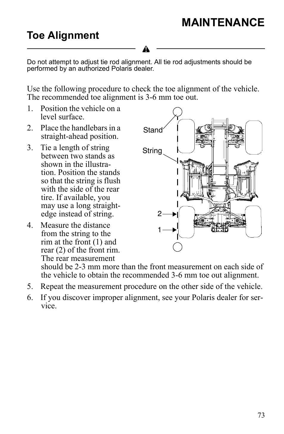 Maintenance, Toe alignment | Polaris Hawkeye 922362 User Manual | Page 76 / 126