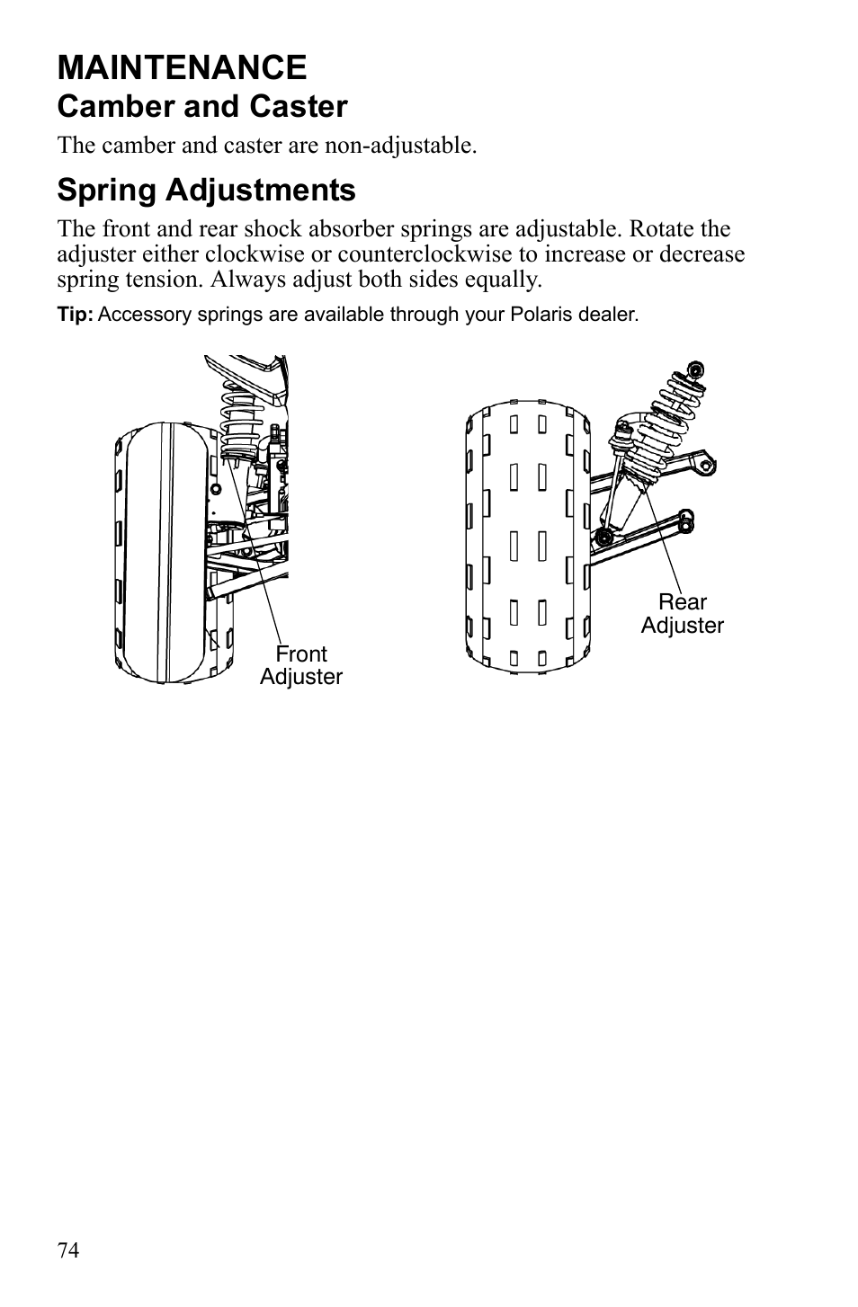 Maintenance, Camber and caster, Spring adjustments | Polaris Hawkeye 922362 User Manual | Page 77 / 126