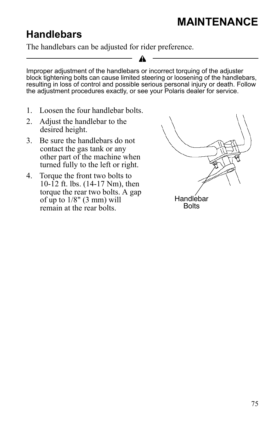 Maintenance, Handlebars | Polaris Hawkeye 922362 User Manual | Page 78 / 126