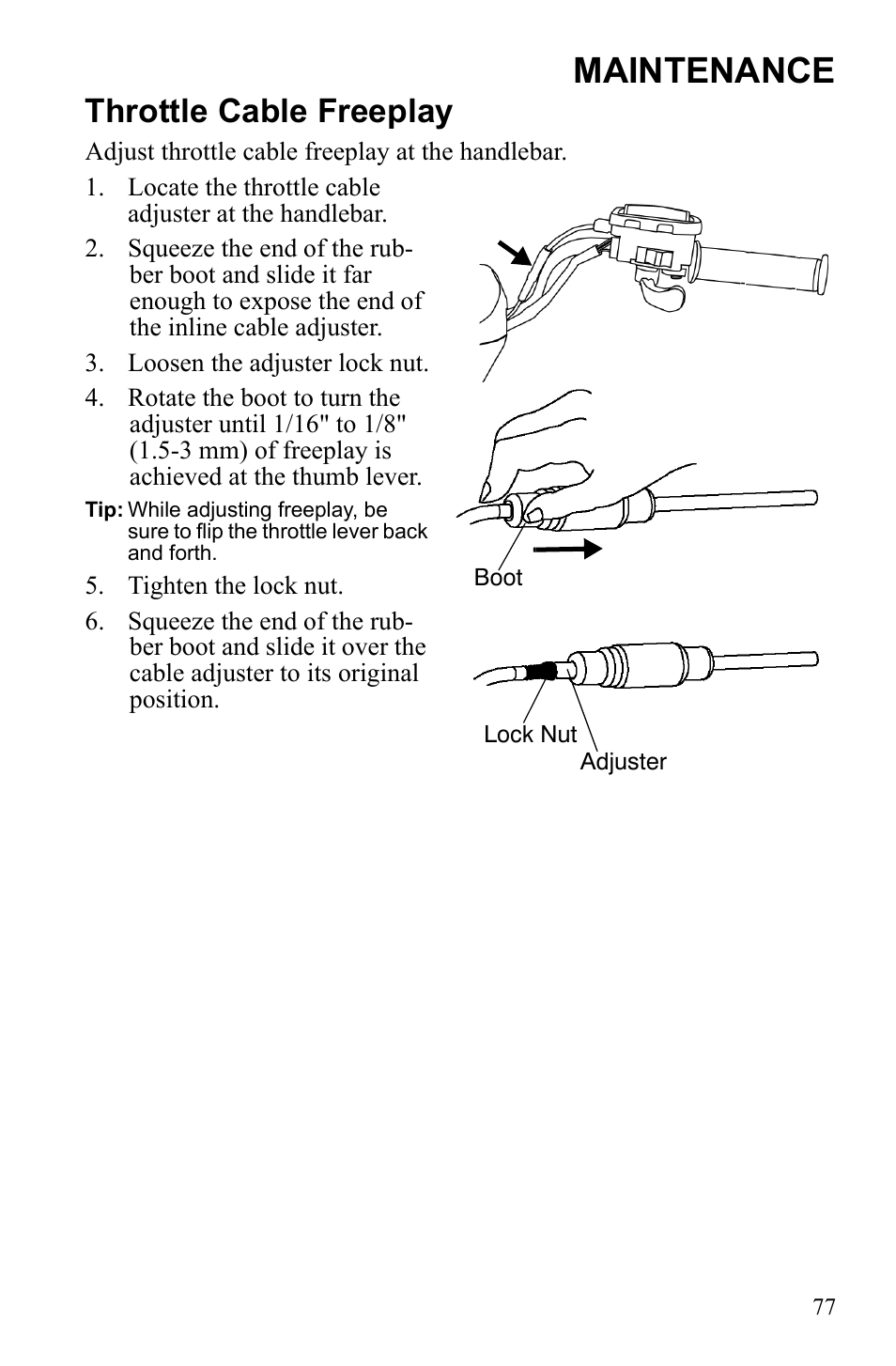 Maintenance, Throttle cable freeplay | Polaris Hawkeye 922362 User Manual | Page 80 / 126