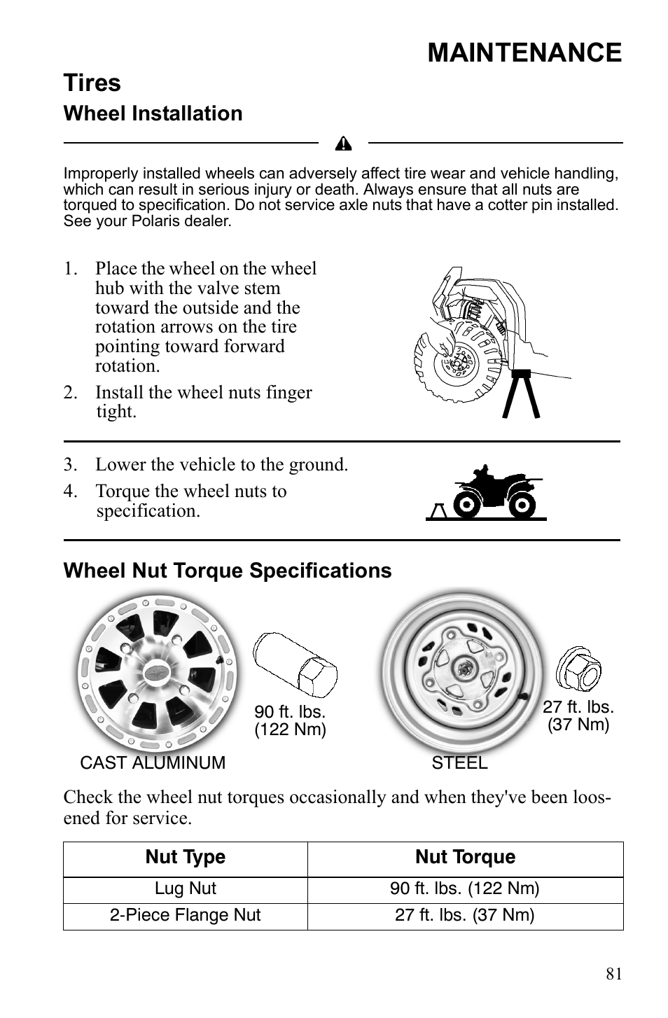 Maintenance, Tires, Wheel installation | Wheel nut torque specifications | Polaris Hawkeye 922362 User Manual | Page 84 / 126