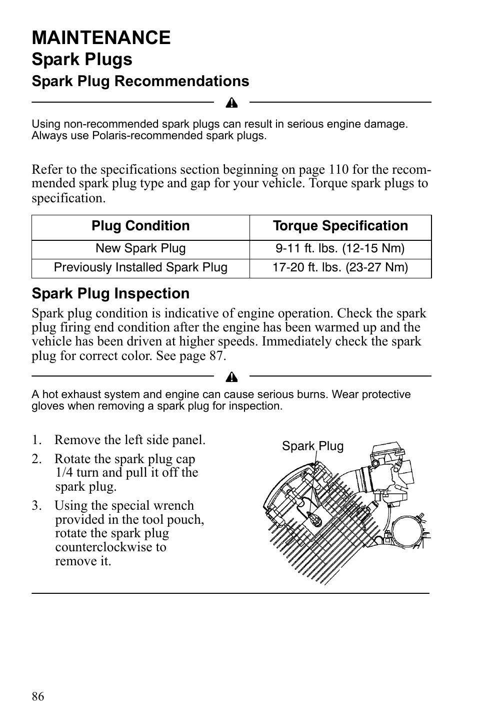 Maintenance, Spark plugs | Polaris Hawkeye 922362 User Manual | Page 89 / 126