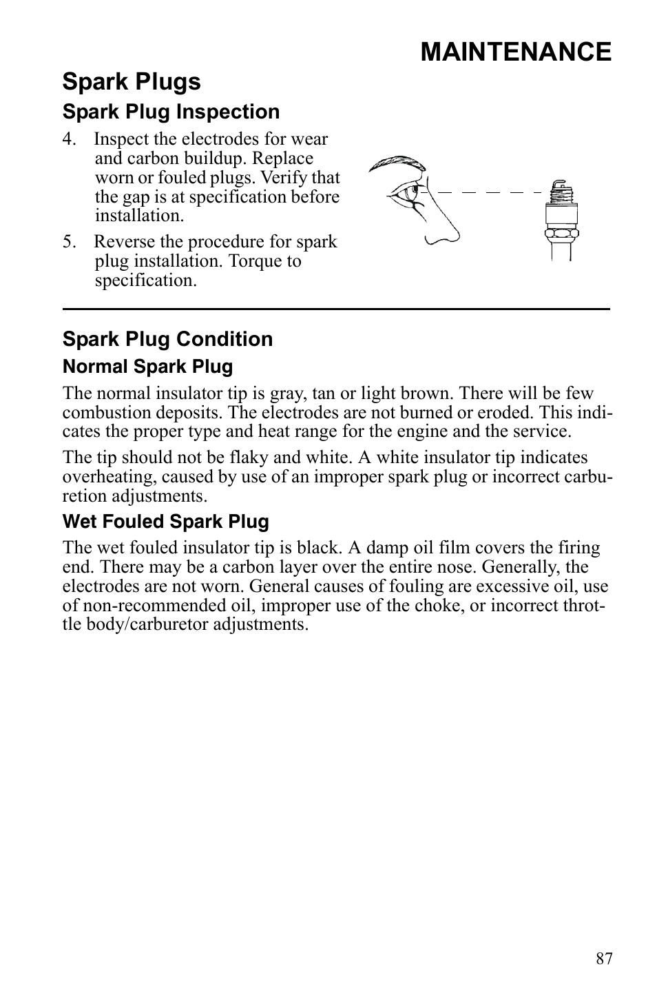 Maintenance, Spark plugs | Polaris Hawkeye 922362 User Manual | Page 90 / 126